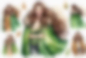 a watercolor of a curvy woman with long brown hair and light brown skin and green eyes wearing a fur cloak laughing tattoo idea