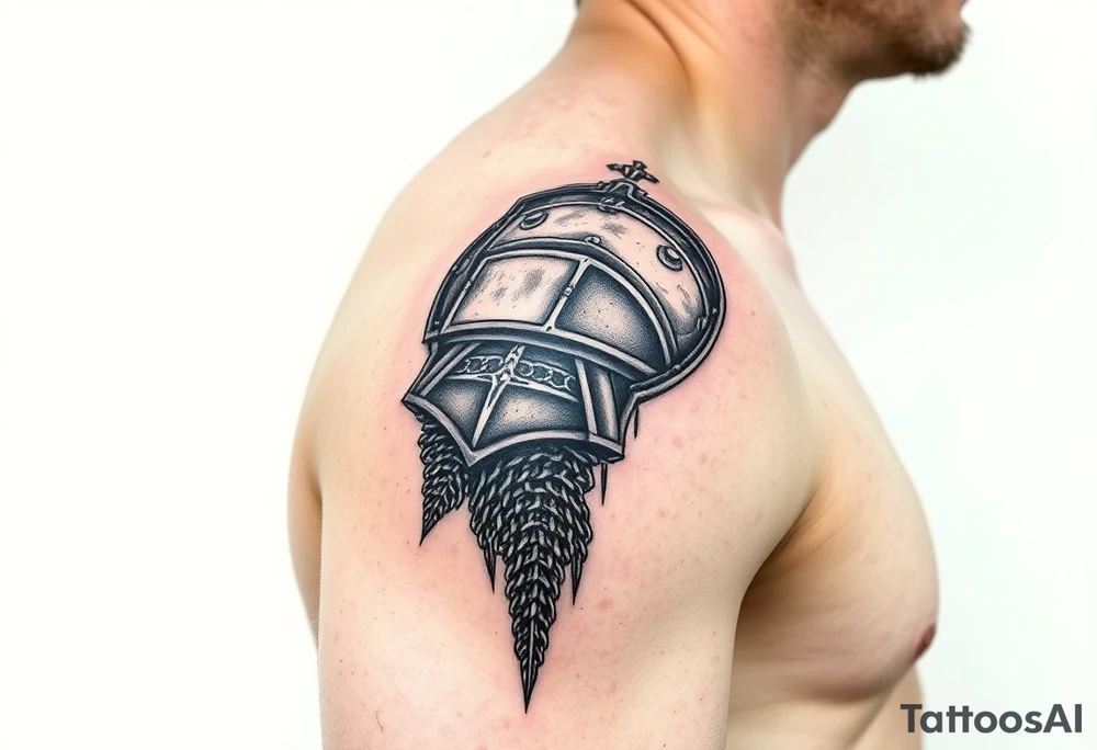 Huge shoulder tattoo of chainmail and plate armor covering entire arm tattoo idea