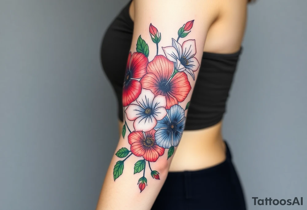 Fore arm tattoo in the neo american traditional style. I want to incorporate a few different flowers: Poppies, Morning Glory, Narcissus with green leaves in the background tattoo idea