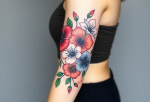 Fore arm tattoo in the neo american traditional style. I want to incorporate a few different flowers: Poppies, Morning Glory, Narcissus with green leaves in the background tattoo idea