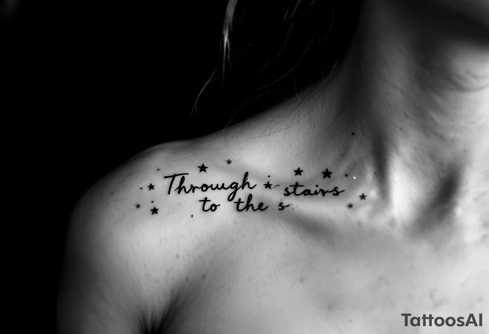 A minimal black line script of the english phrase “Through Hardships to the stars” is paired with tiny gold stars scattered along the collarbone. tattoo idea