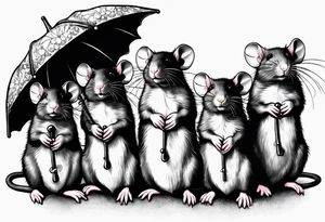 4 rats sat in a line. One rat blowing heart shaped bubbles, one using a sunflower as an umbrella, one leading its head on another’s shoulder and one reading tattoo idea