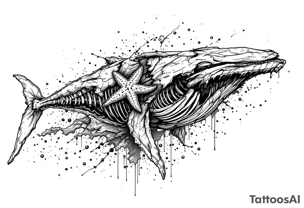 idea is basically a whale that's damaged and torn exposing the skeletal innerts, but it's still fiercely moving forward as hard as it can.

add a starfish that holds on tightly to the whale tattoo idea