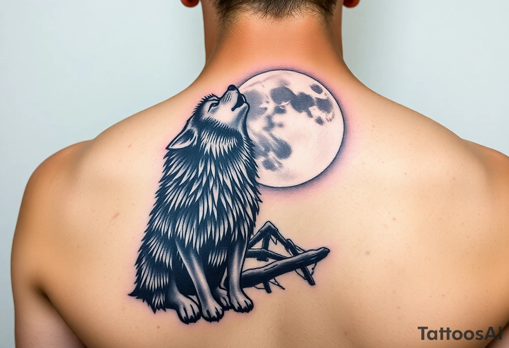 lone wolf howling at full moon with northern lights backdrop tattoo idea