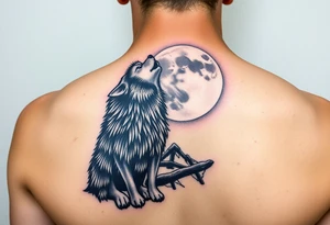 lone wolf howling at full moon with northern lights backdrop tattoo idea