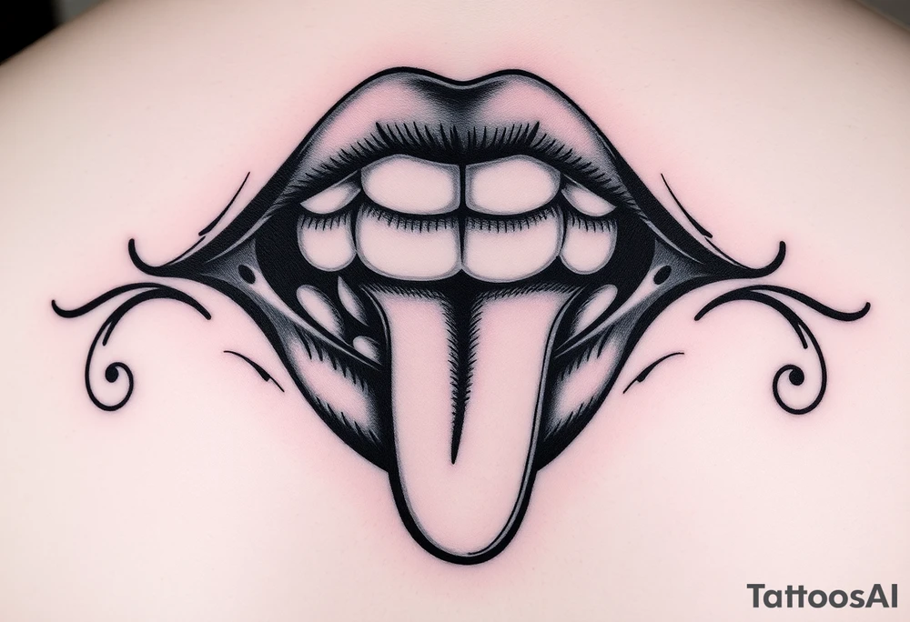 Make me a tattoo of a set of lips with a tongue coming out and a sexy woman sliding down the tongue tattoo idea