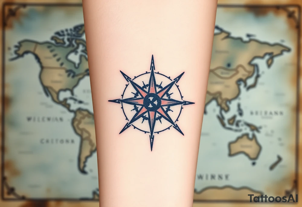 antique compass rose overlaid on weathered world map with sailing ships tattoo idea
