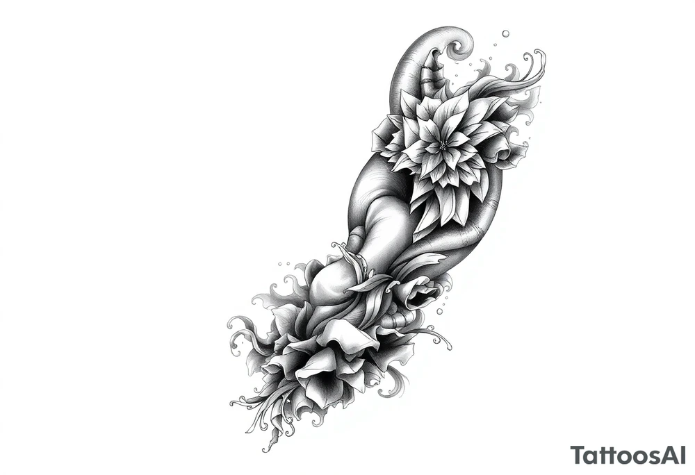 Tattoo sleeve filler using smoke, ash, and fragmented memory effects, organic flow wrapping around arm muscles, soft gradients, negative space, black and grey realism, seamless transitions between main tattoo elements. tattoo idea