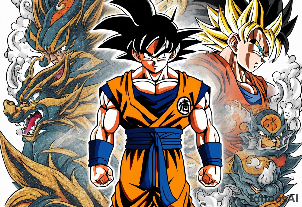 Son-Goku as a super saiyajin . A huge dragonball surrounds the whole scenery. Gokus friends are surrounding him as shadows tattoo idea