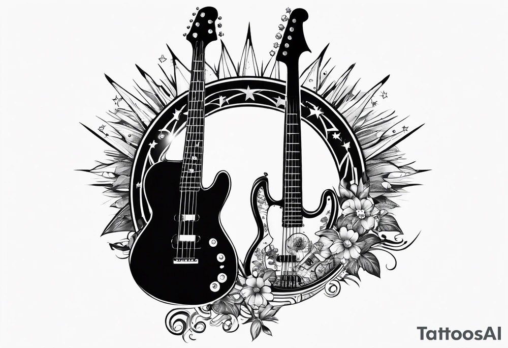 Tattoo full left arm with a collage of a bass guitar, mickey mouse silhouette, caduceus symbol, two stars and the sun with a moon with no flowers or buildings tattoo idea