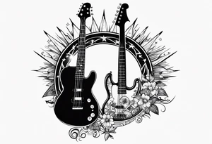 Tattoo full left arm with a collage of a bass guitar, mickey mouse silhouette, caduceus symbol, two stars and the sun with a moon with no flowers or buildings tattoo idea