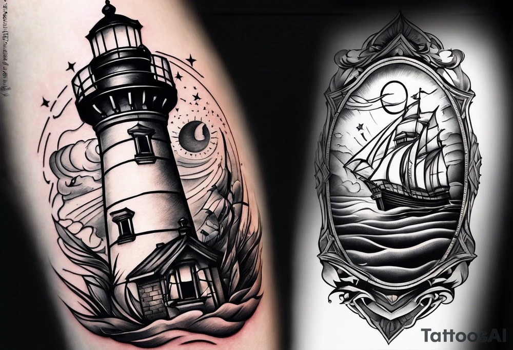 An open book with a lighthouse in the middle and a compass to wrap around forearm tattoo idea