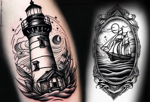 An open book with a lighthouse in the middle and a compass to wrap around forearm tattoo idea