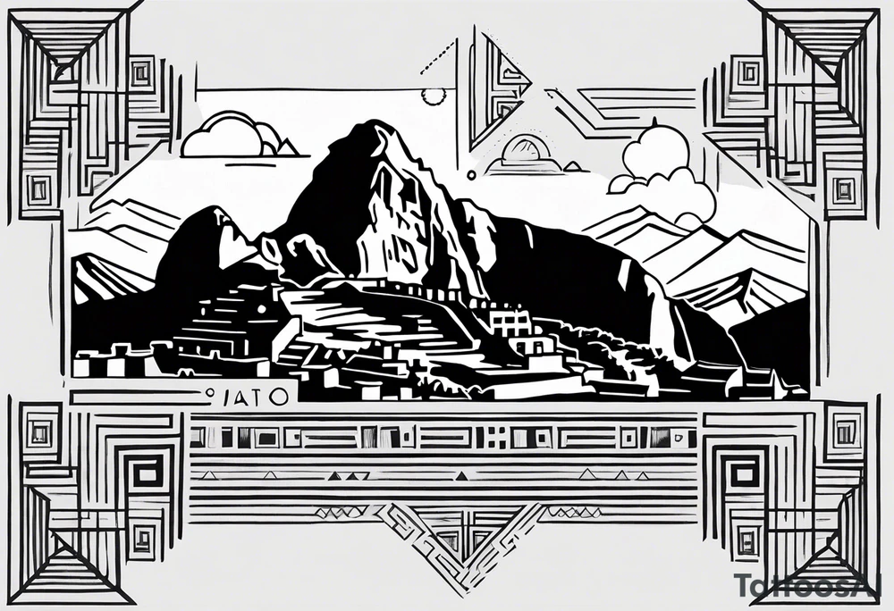 Create a tattoo design in a linear geometric art style depicting images associated with Peru, such as Machu Picchu, llamas or traditional textile patterns. The tattoo should be done in a monochromatic black and white color scheme with clear outlines and minimal details to create an elegant and modern composition. tattoo idea