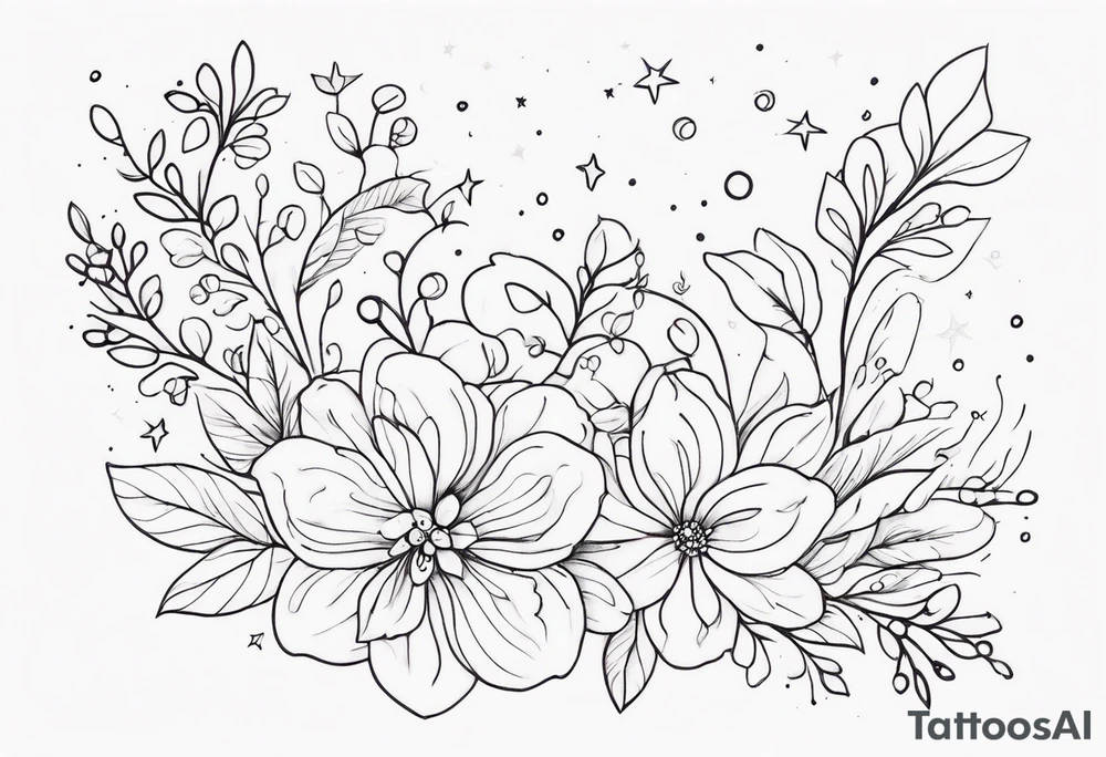 fine line floral with stars, swirls, dots tattoo idea