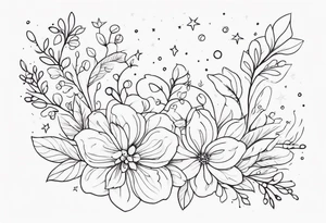fine line floral with stars, swirls, dots tattoo idea
