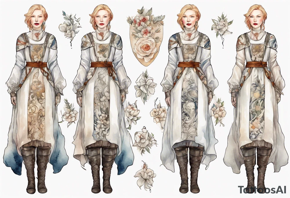 Cate Blanchette wearing white medieval dress and boots tattoo idea
