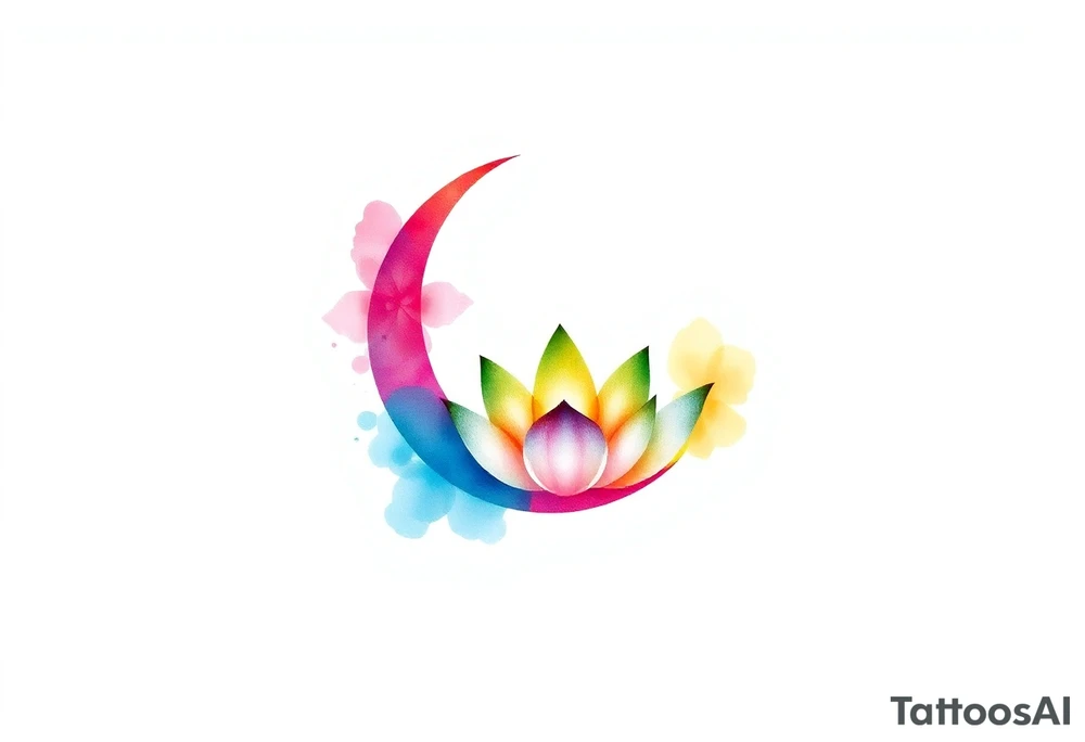 small colorful crescent moon with lotus flower tattoo idea