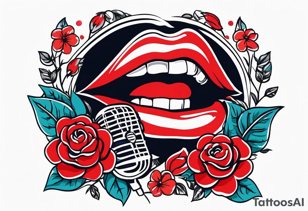 lips singing old school vintage traditional
flowers around and mouth next to microphone
bold and colorful simple design tattoo idea