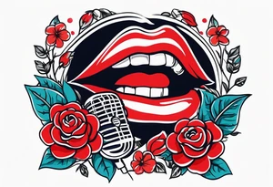 lips singing old school vintage traditional
flowers around and mouth next to microphone
bold and colorful simple design tattoo idea