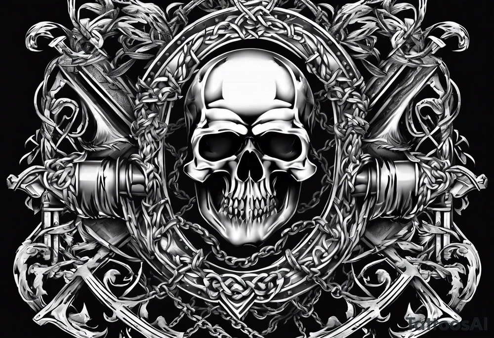 Valhalla sword shield axe barbed wire chains dark cloud tattoo idea