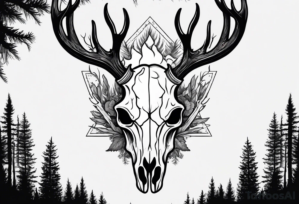 A frightening horror DECAYING deer skull JUST BONE FROM THE SIDE surrounded by a forest fire in background tattoo idea