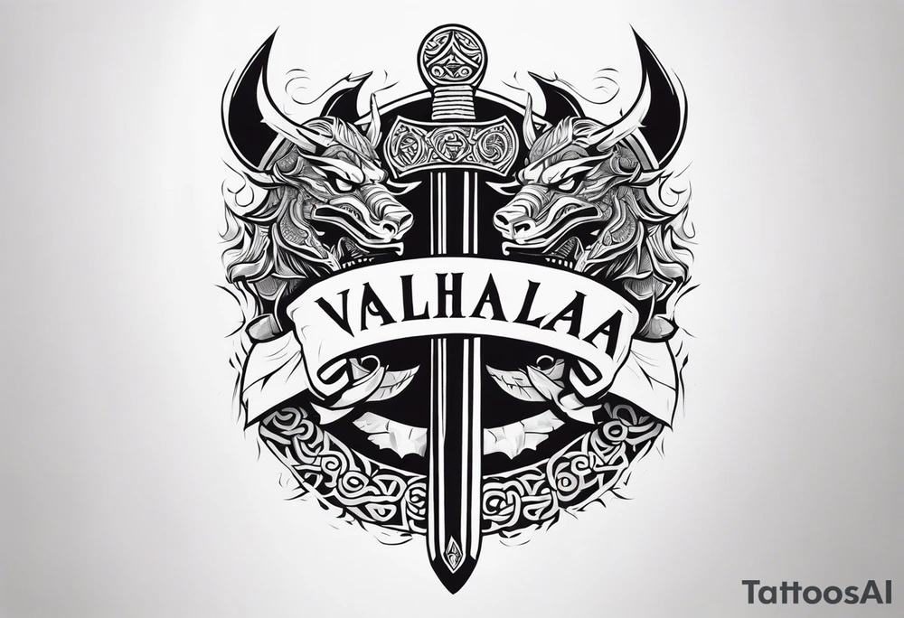 Valhalla sword dragon head axe viking church tattoo idea