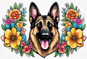 Sable coat German shepherd portrait brightly colored with flowers tattoo idea