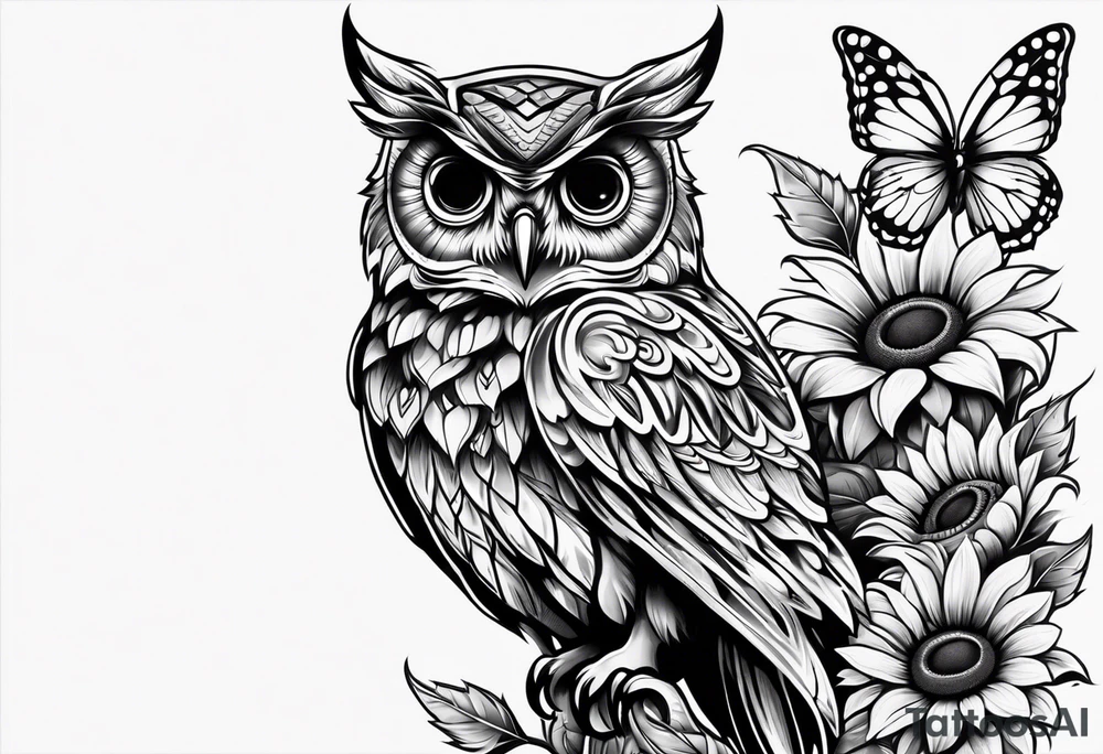 Small owl with butterfly and sunflower leg sleeve tattoo idea