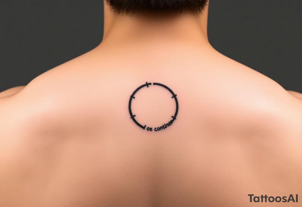 "Black circle tattoo (3cm) with barely visible 'To be continued?' around edge. Like a punctuation mark on skin." tattoo idea