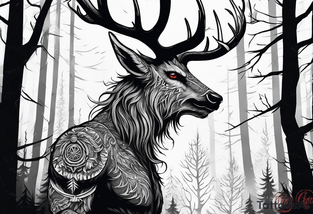 A SCARY lore accurate wendigo surrounded by a forest fire in background tattoo idea