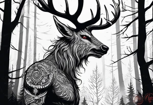 A SCARY lore accurate wendigo surrounded by a forest fire in background tattoo idea