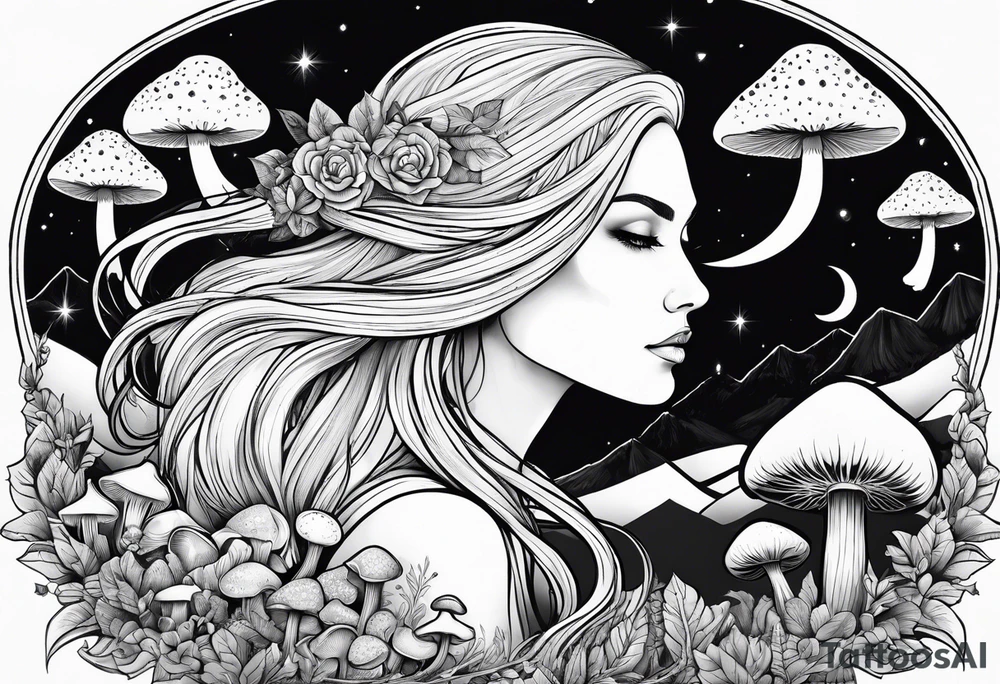Blonde long straight hair older woman surrounded by mushrooms mountains crescent moon background tattoo idea