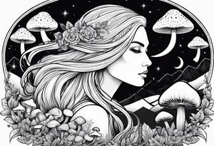 Blonde long straight hair older woman surrounded by mushrooms mountains crescent moon background tattoo idea