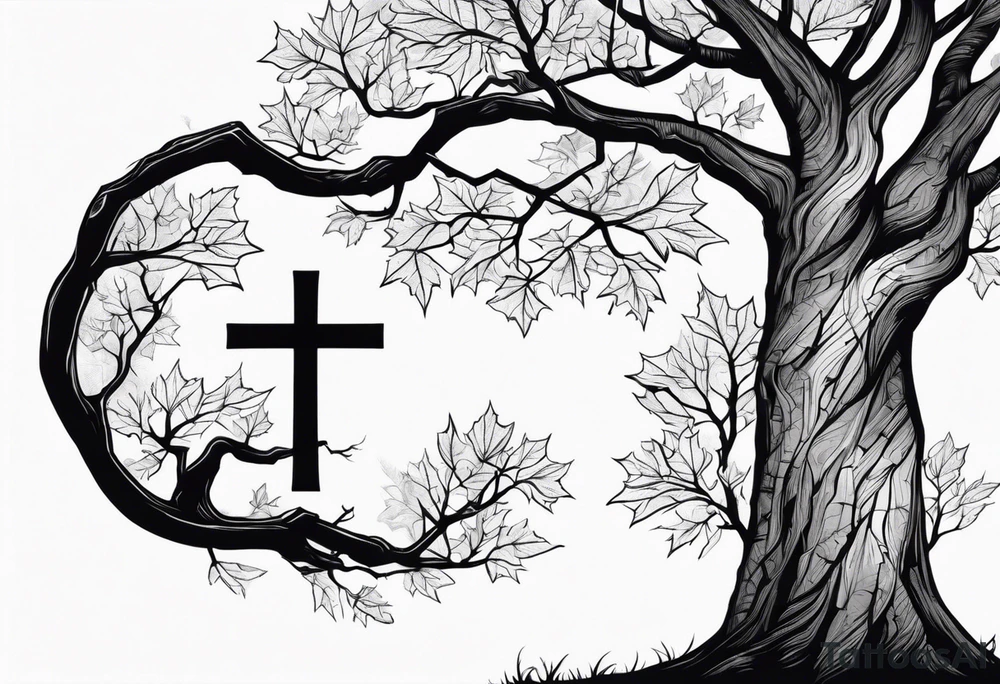 A maple tree with branches and a cross combined into the trunk. It is a forearm sleeve tattoo idea