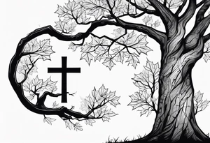 A maple tree with branches and a cross combined into the trunk. It is a forearm sleeve tattoo idea