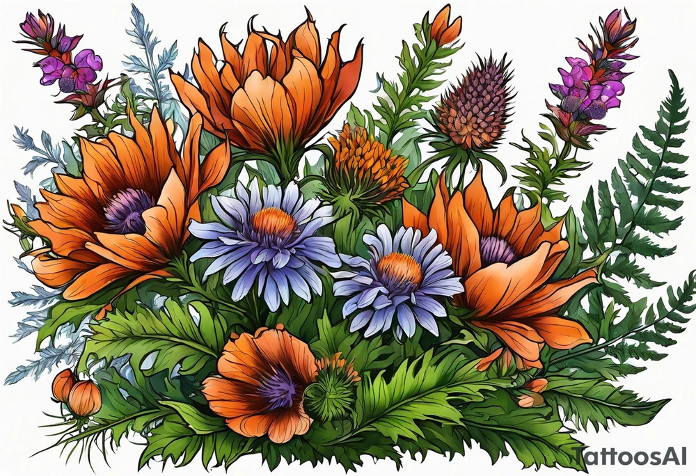 cascading wildflowers with thistles, ferns, burnt orange flowers all in color tattoo idea