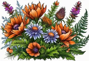 cascading wildflowers with thistles, ferns, burnt orange flowers all in color tattoo idea