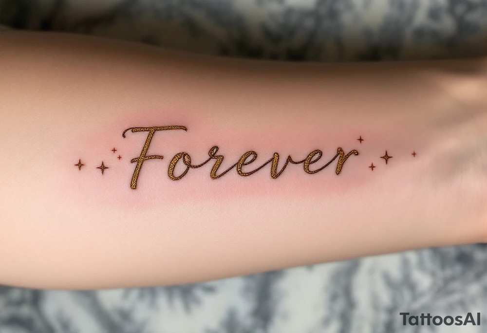 "Forever" etched in gold metallic ink across the spine, surrounded by tiny celestial stars. tattoo idea