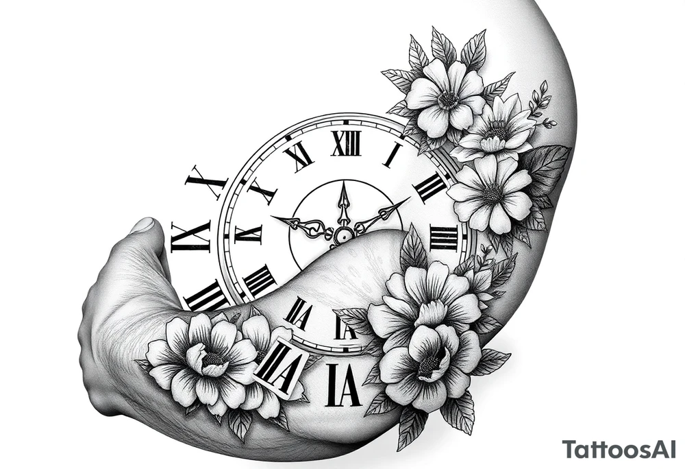 vintage roman numerals within ornate clockwork mechanism, with spaces for names, flowers tattoo idea