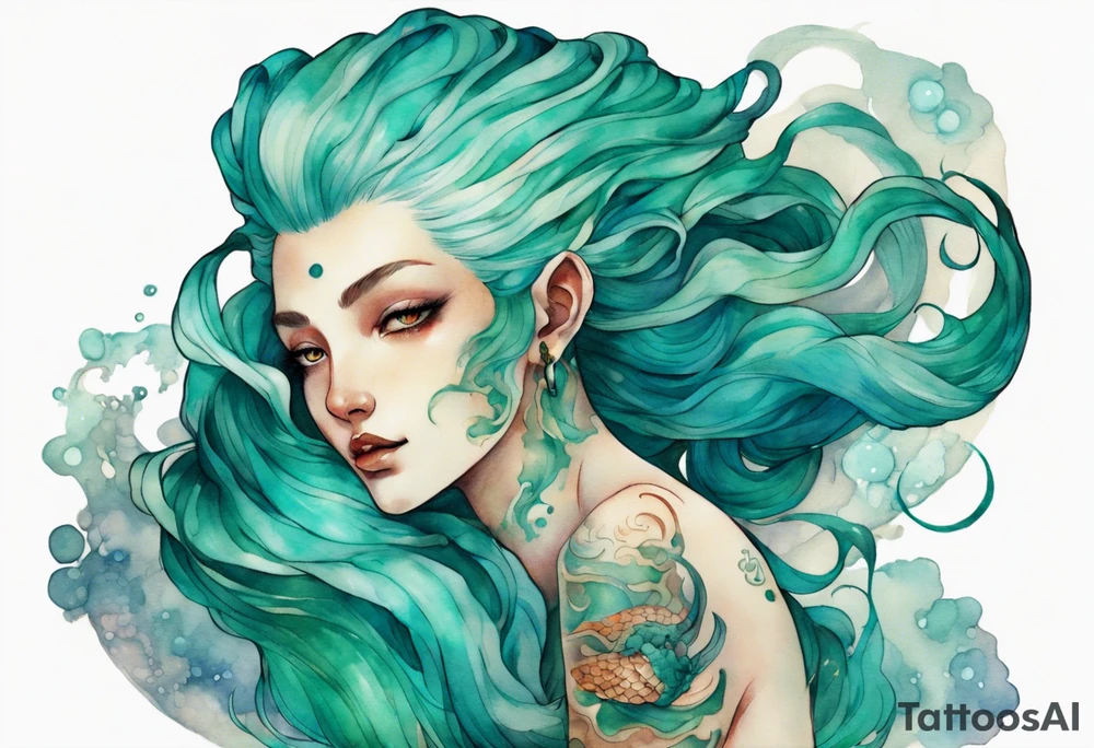 A beautiful Melusine with turquois scales and teal hair. tattoo idea