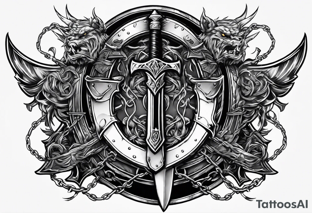 Valhalla sword shield axe barbed wire chains dark cloud tattoo idea