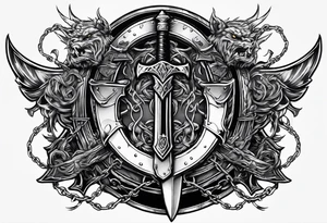 Valhalla sword shield axe barbed wire chains dark cloud tattoo idea