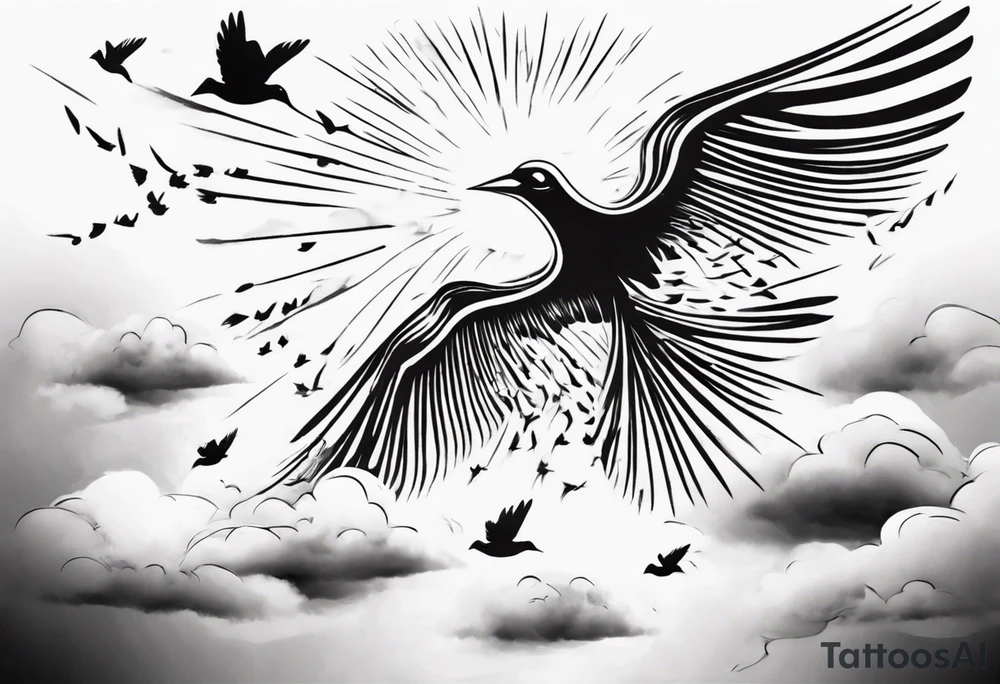 a shoulder tattoo with rays of light, clouds and birds flying free tattoo idea