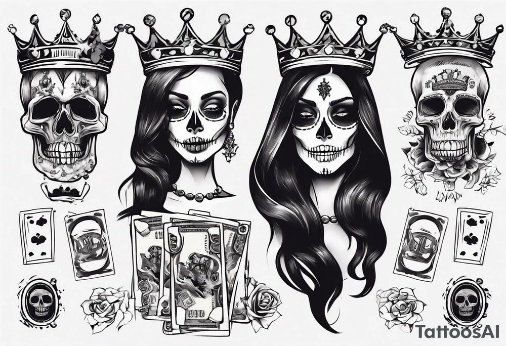 santa la muerta with money and crown
on the card tattoo idea