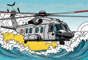 Canadian military grey CH-148 Cyclone helicopter soaring low over rough, ocean waves. A poppy flower be prominently displayed tattoo idea