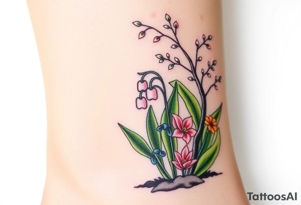 Small White lily in the valley bells growing next to other different colored lilie plants planted 
Under a blooming hawthorn tree tattoo idea