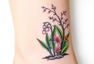 Small White lily in the valley bells growing next to other different colored lilie plants planted 
Under a blooming hawthorn tree tattoo idea
