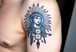 Native American girl with headdress in the sun a compass and a clock and arrowhead tattoo idea