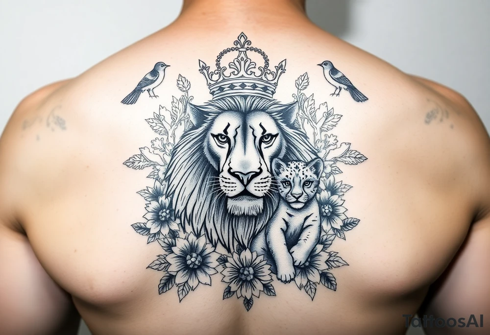 powerful majestic lion and cub with a crown, surrounded by floral ornaments and birds tattoo idea